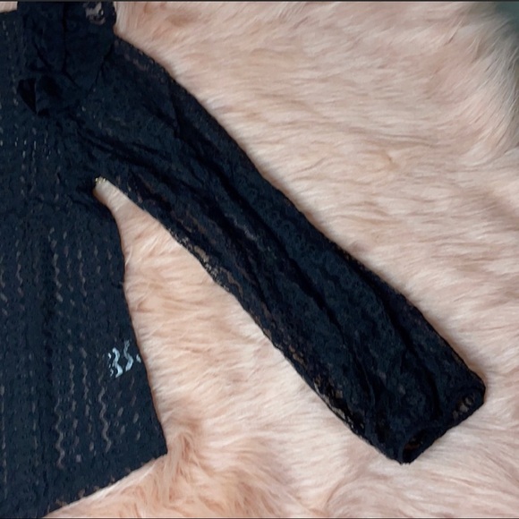 Black Sheer Crochet Mock Neck Long Sleeve Blouse - Picture 2 of 6